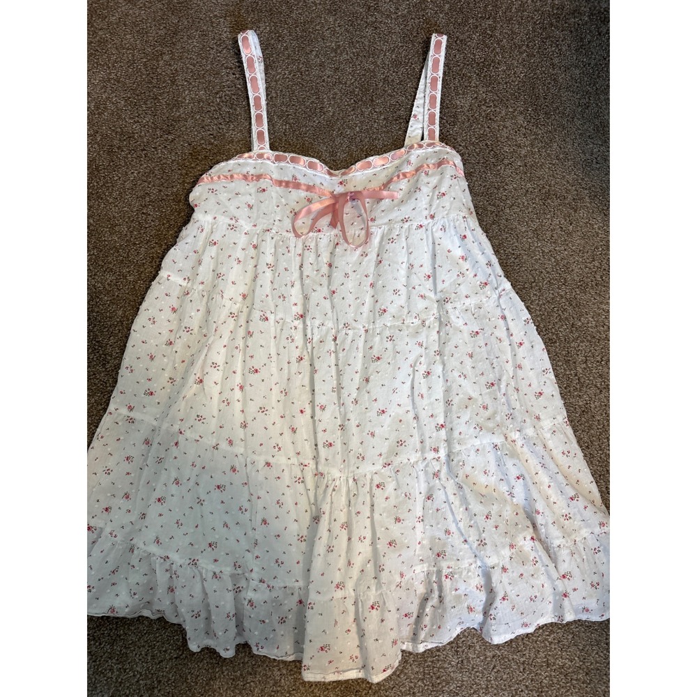 Finesse Babydoll Dress Women Large White Pink Excellent Floral Ribbon Coquette